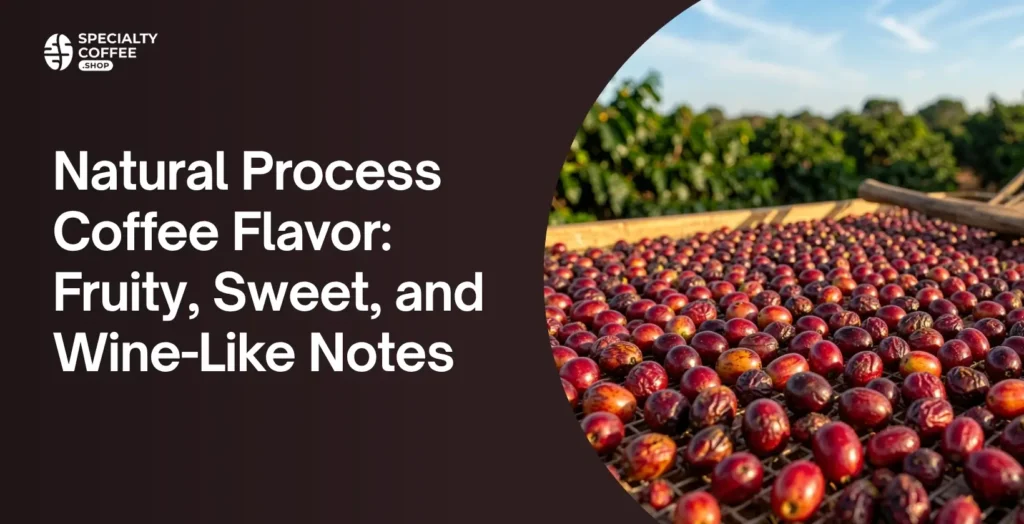 Natural process coffee flavor from whole cherries drying on raised beds